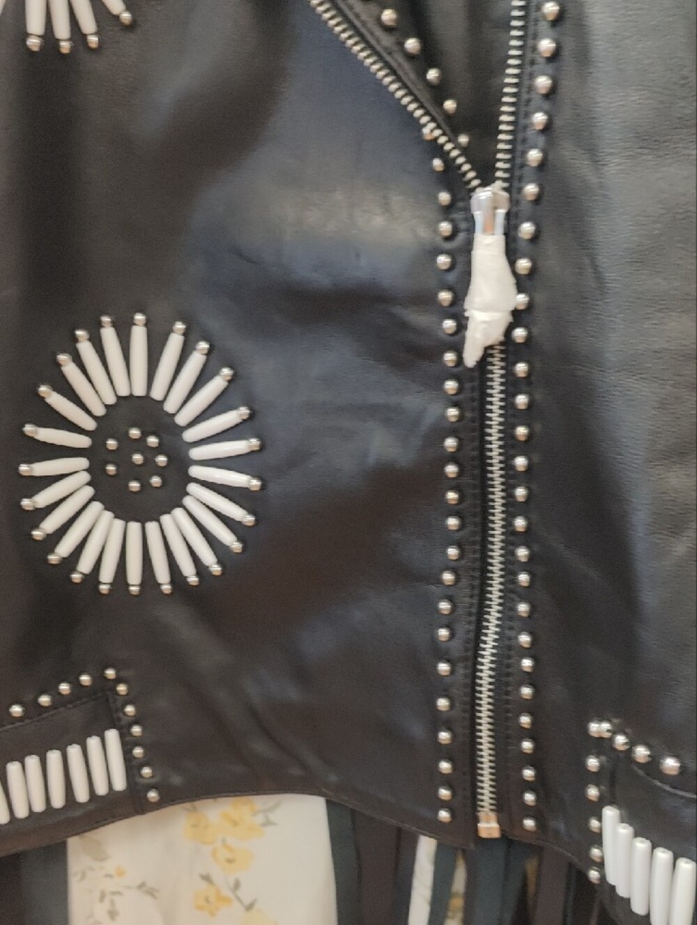 Nasty Gal Geunine Black Leather Moto Jacket with White Stud Sunburst Details - Picture 8 of 11